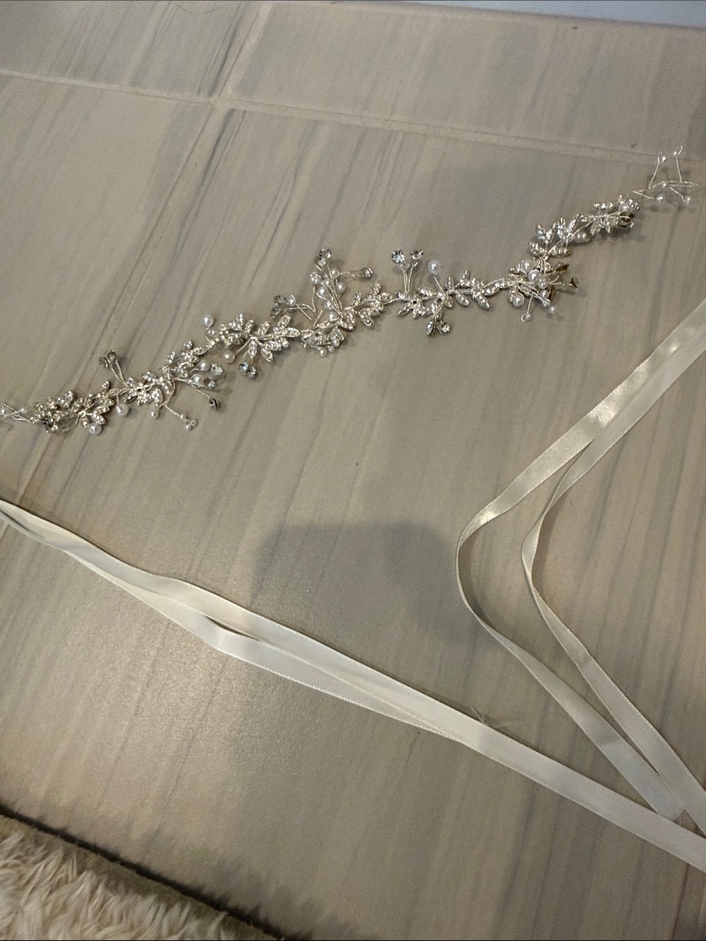 Crystal and Pearl Hair Vine with Cream Satin Ties